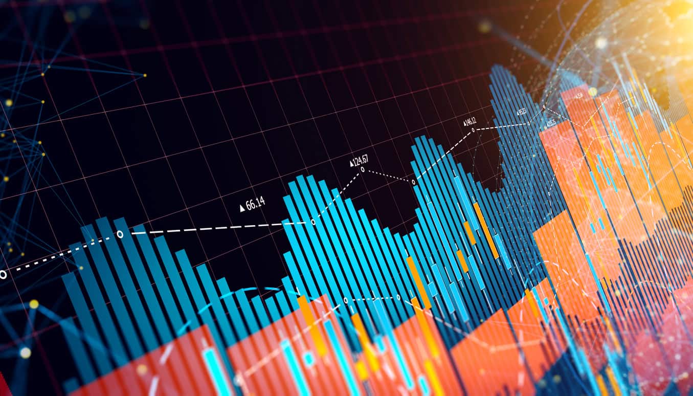 Digital image of financial charts with blue and orange bars, white line graphs with numbers, and a background of interconnected yellow dots on a dark grid, with an orange glow.