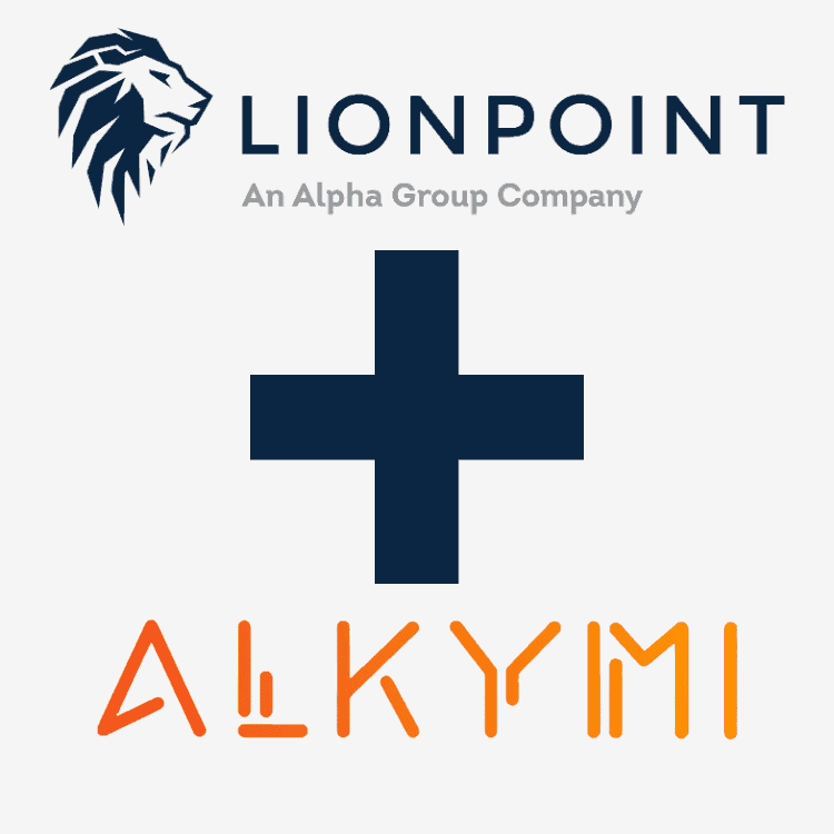 The Lionpoint logo, a large plus sign, and the Alkymi logo are displayed vertically on a light gray background.