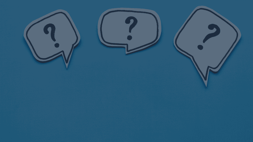 Three gray speech bubbles with black question marks on a blue textured background.