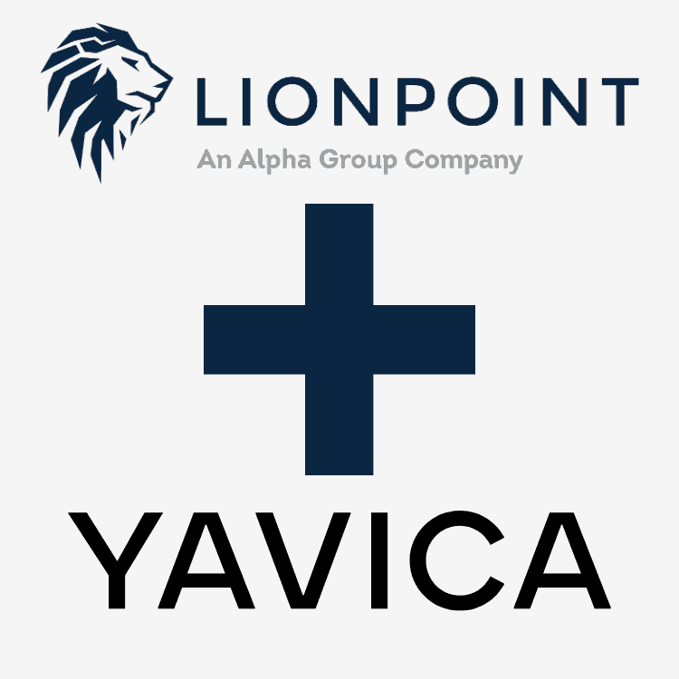 Logo for Lionpoint, 'An Alpha Group Company', a large plus sign, and the word 'YAVICA'.