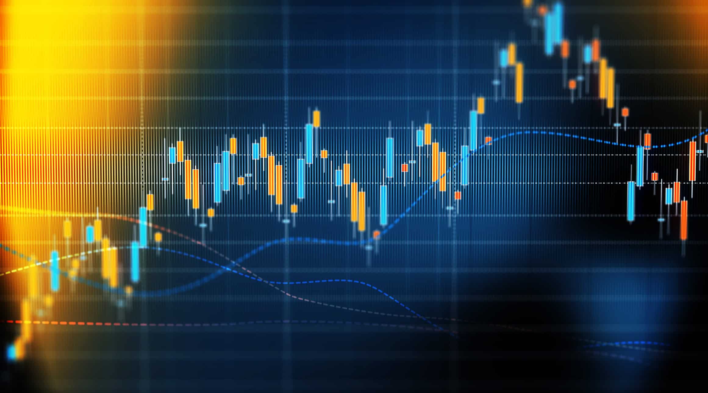 Digital candlestick chart with blue and orange bars and wavy lines on a dark blue grid background with an orange glow.