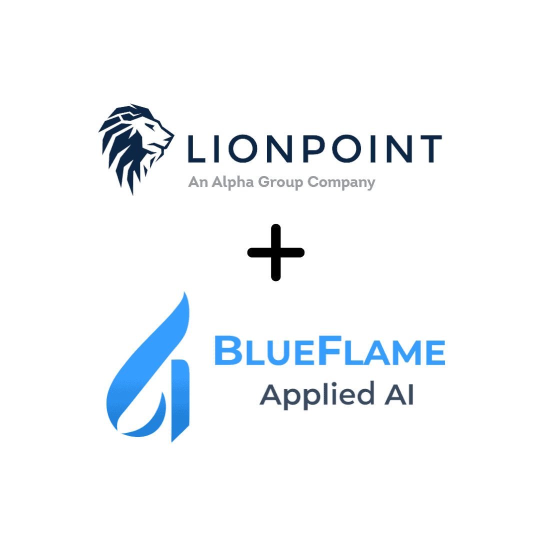 Logos for Lionpoint and BlueFlame, separated by a plus sign. Lionpoint features a lion's head and 'An Alpha Group Company'. BlueFlame features a flame icon and 'Applied AI'.