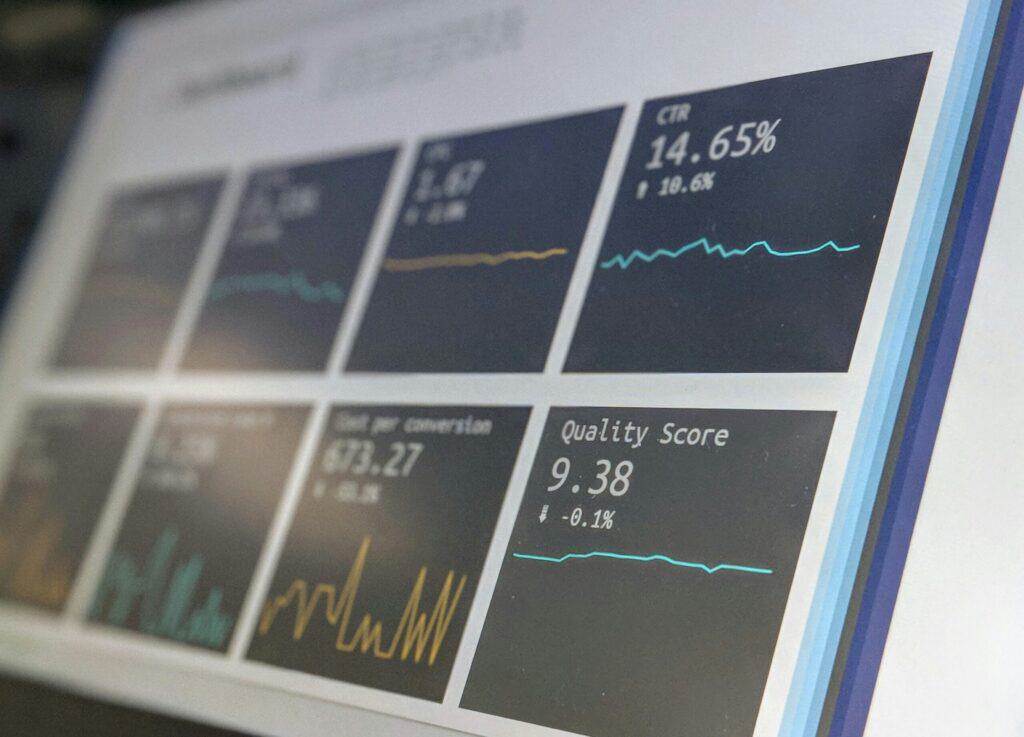 A digital dashboard displaying performance metrics like CTR, Quality Score, and Cost per Conversion with line graphs on a dark background.