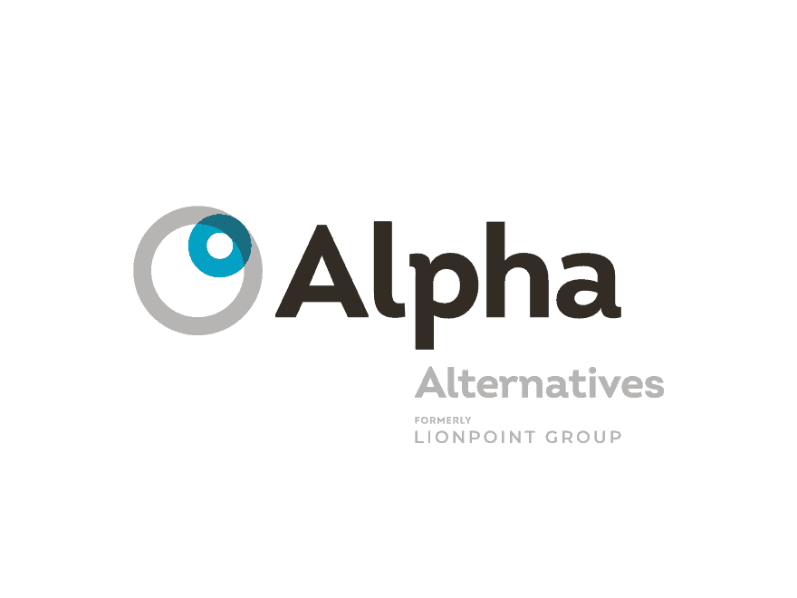 Alpha Alternatives logo, with a gray and teal circular graphic next to the word 'Alpha' in dark gray, and 'Alternatives' and 'Formerly Lionpoint Group' in lighter gray below.