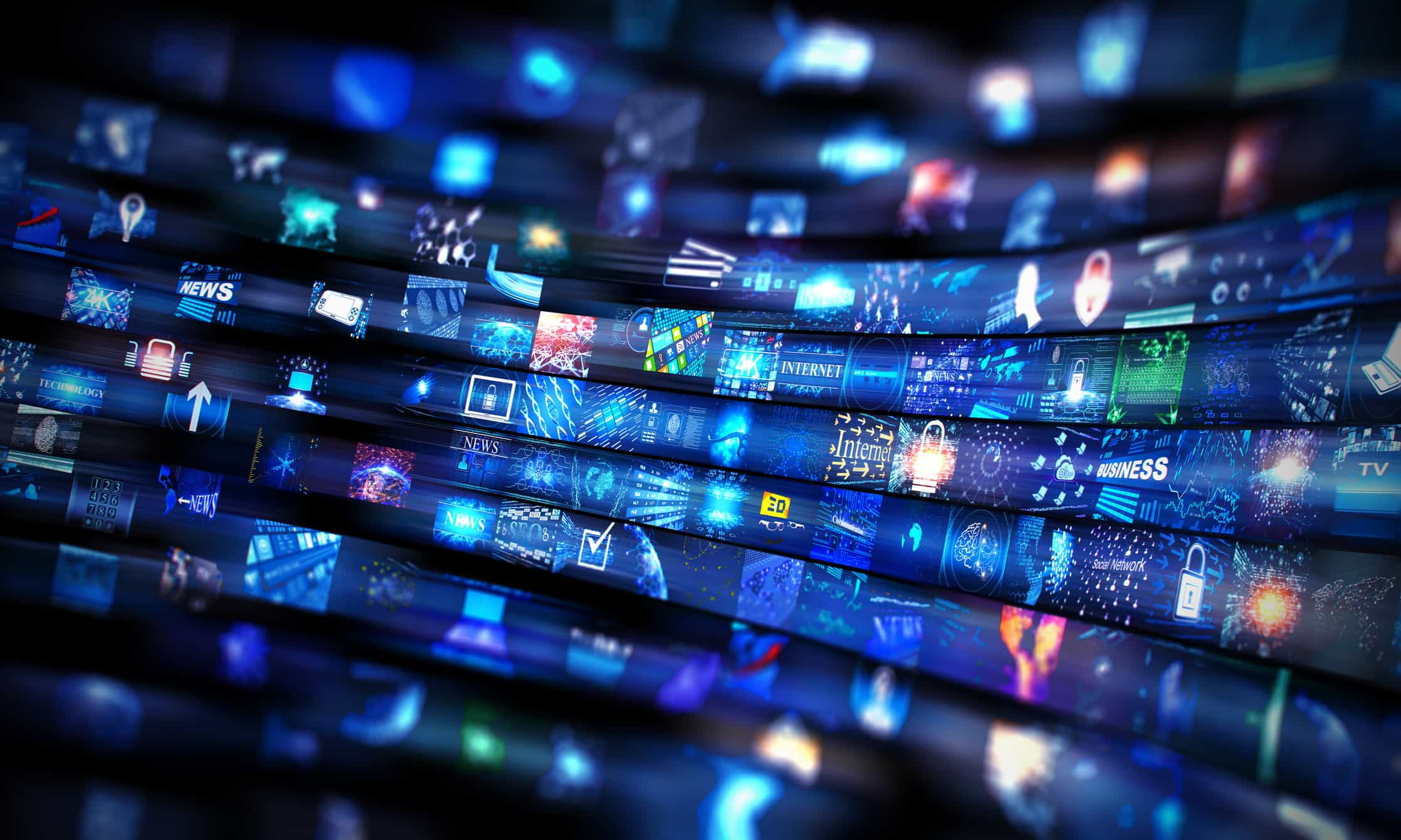 Multiple curved, overlapping screens displaying various digital icons, text like 'NEWS', 'INTERNET', 'BUSINESS', and data visualizations in blue and purple tones, suggesting a flow of digital information.
