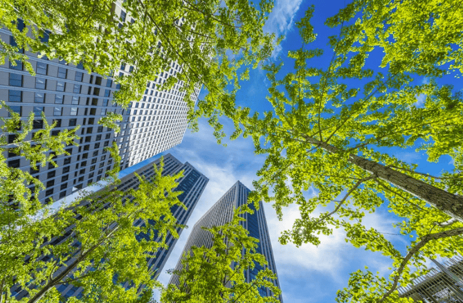 Low-angle view of tall buildings and green trees against a bright blue sky.