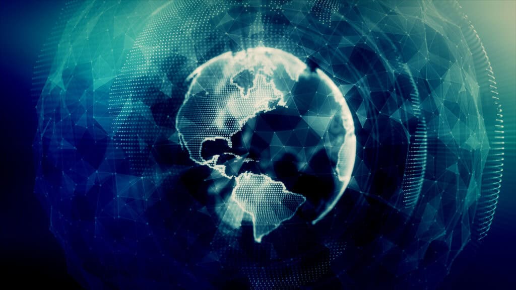 Digital globe with continents outlined by glowing dots, surrounded by a blue and teal network mesh.