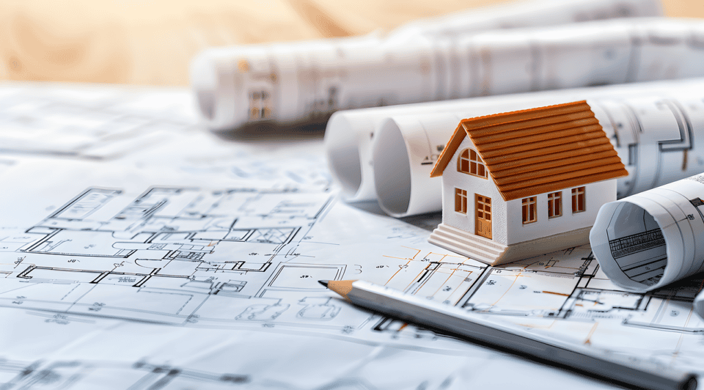 Architectural blueprints, a miniature house model, and a pencil on a wooden surface.
