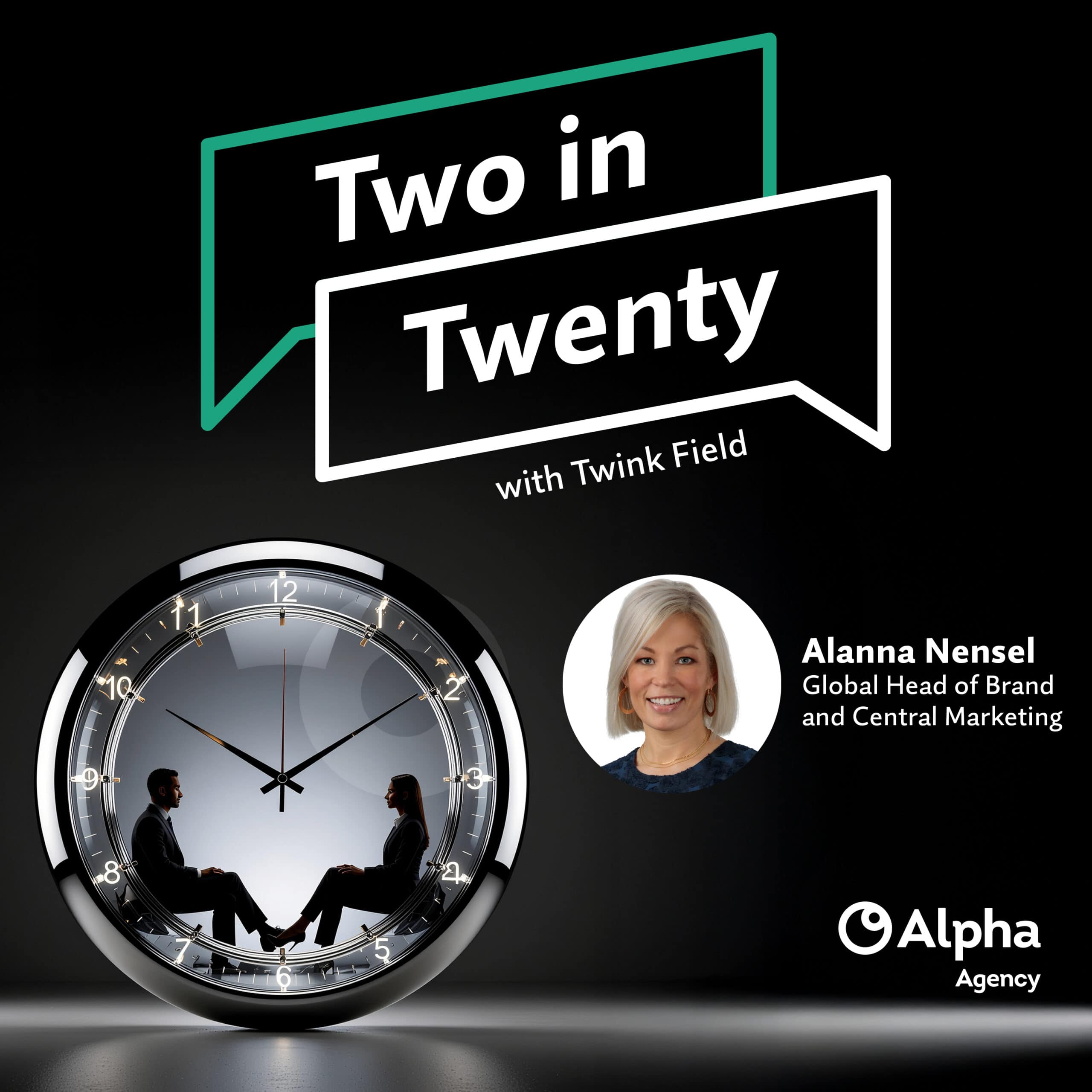 Promotional graphic for 'Two in Twenty' podcast. Features a clock with two silhouetted people inside, a headshot of Alanna Nensel, and the Alpha Agency logo.
