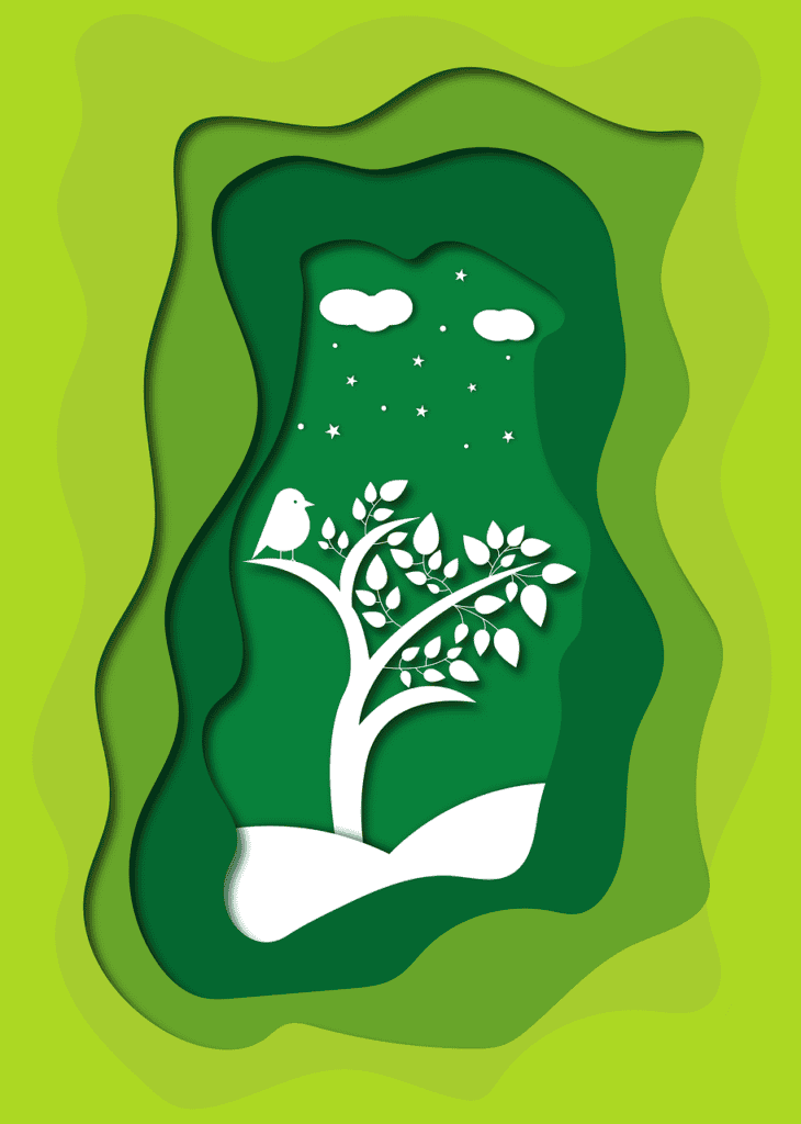 Paper-cut illustration with layered green shades, a white tree, a bird, clouds, and stars.