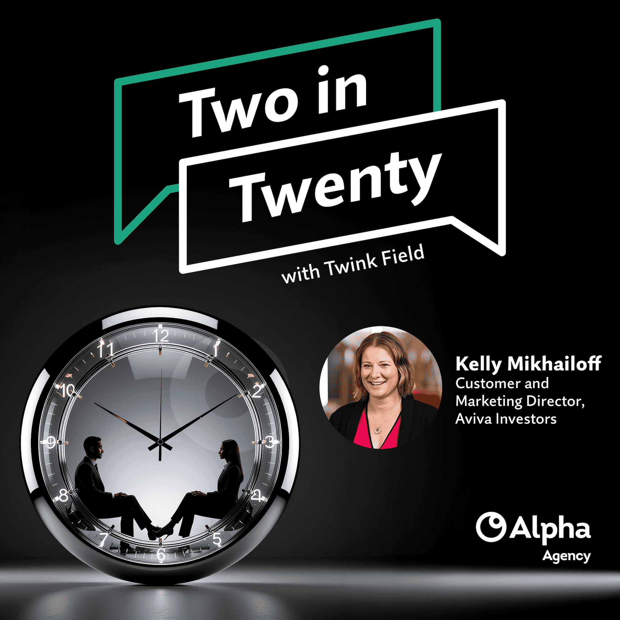Promotional graphic for 'Two in Twenty' podcast. Features a clock with two silhouetted people, a headshot of Kelly Mikhailoff, and text identifying her as Customer and Marketing Director at Aviva Investors, with the Alpha Agency logo.
