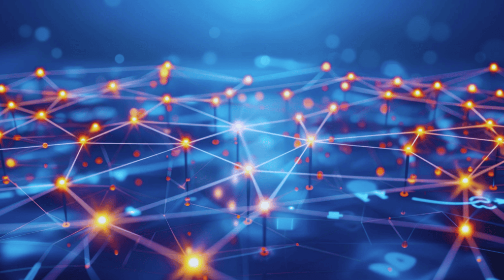 An abstract image of a digital network with glowing orange and yellow nodes connected by bright lines on a blue background.