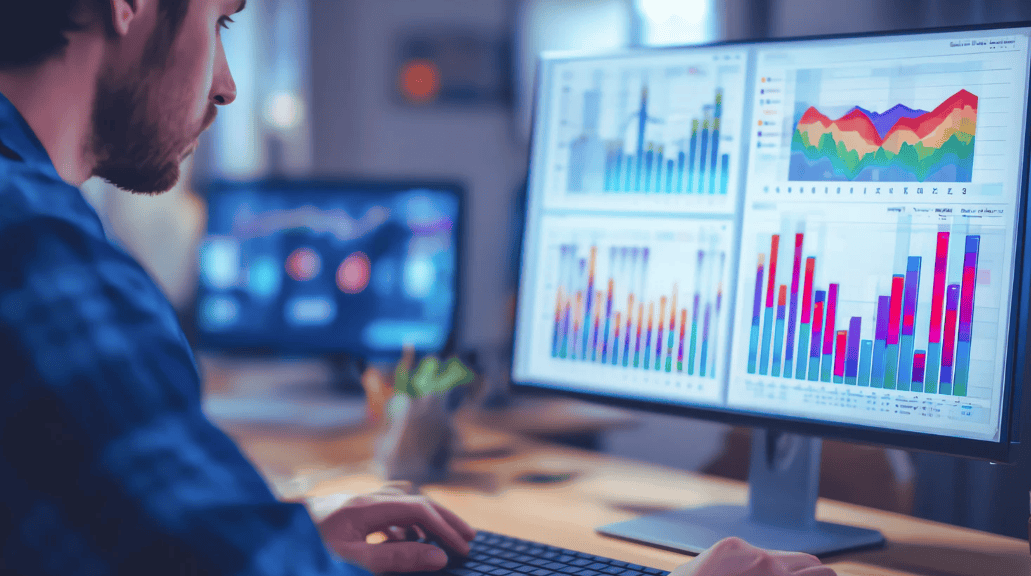 A man with a beard works at a desk, typing on a keyboard while looking at a large computer monitor displaying colorful data charts and graphs.