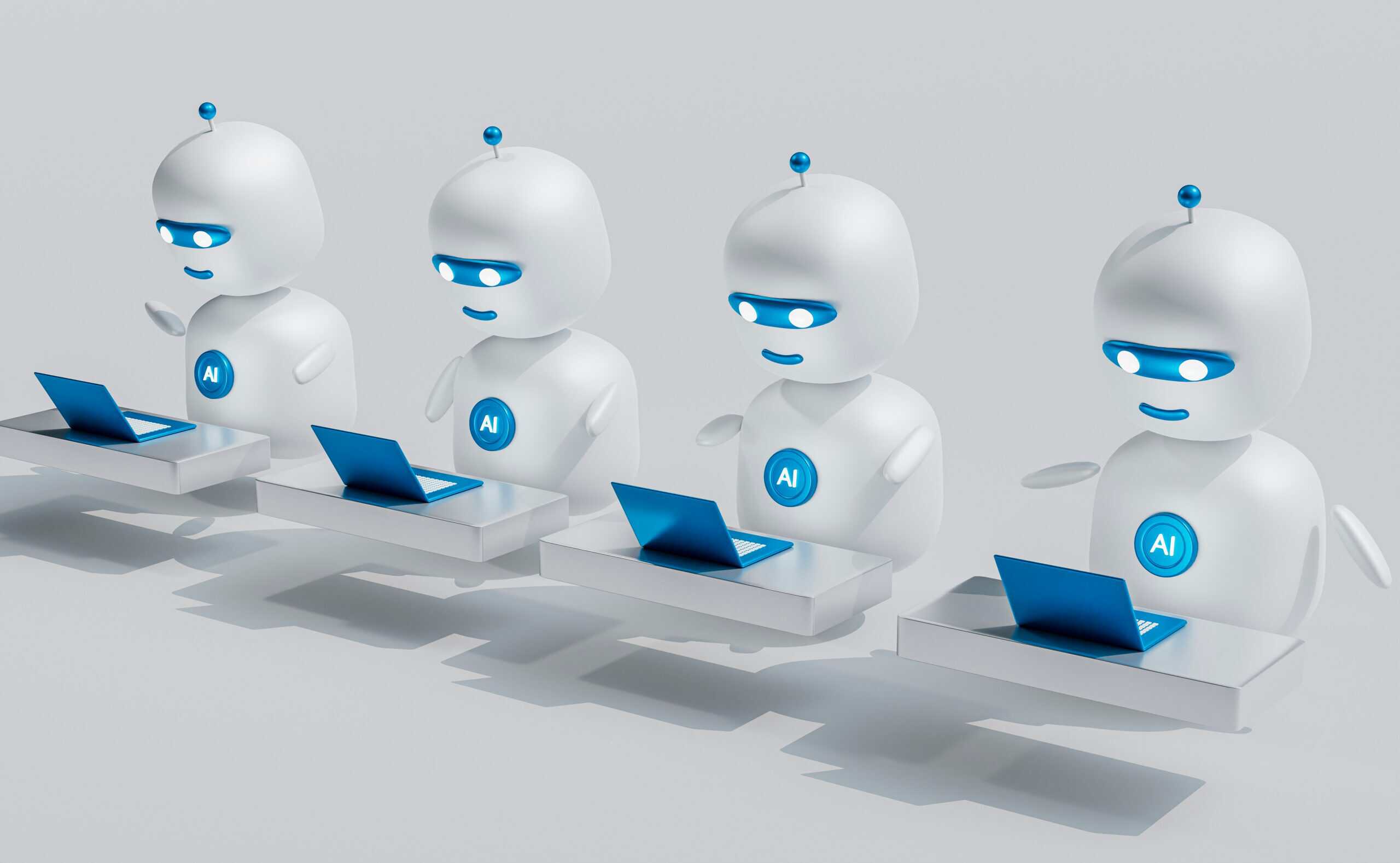 Four white AI robots with blue glowing faces and 'AI' badges, each working on a blue laptop at a silver desk.