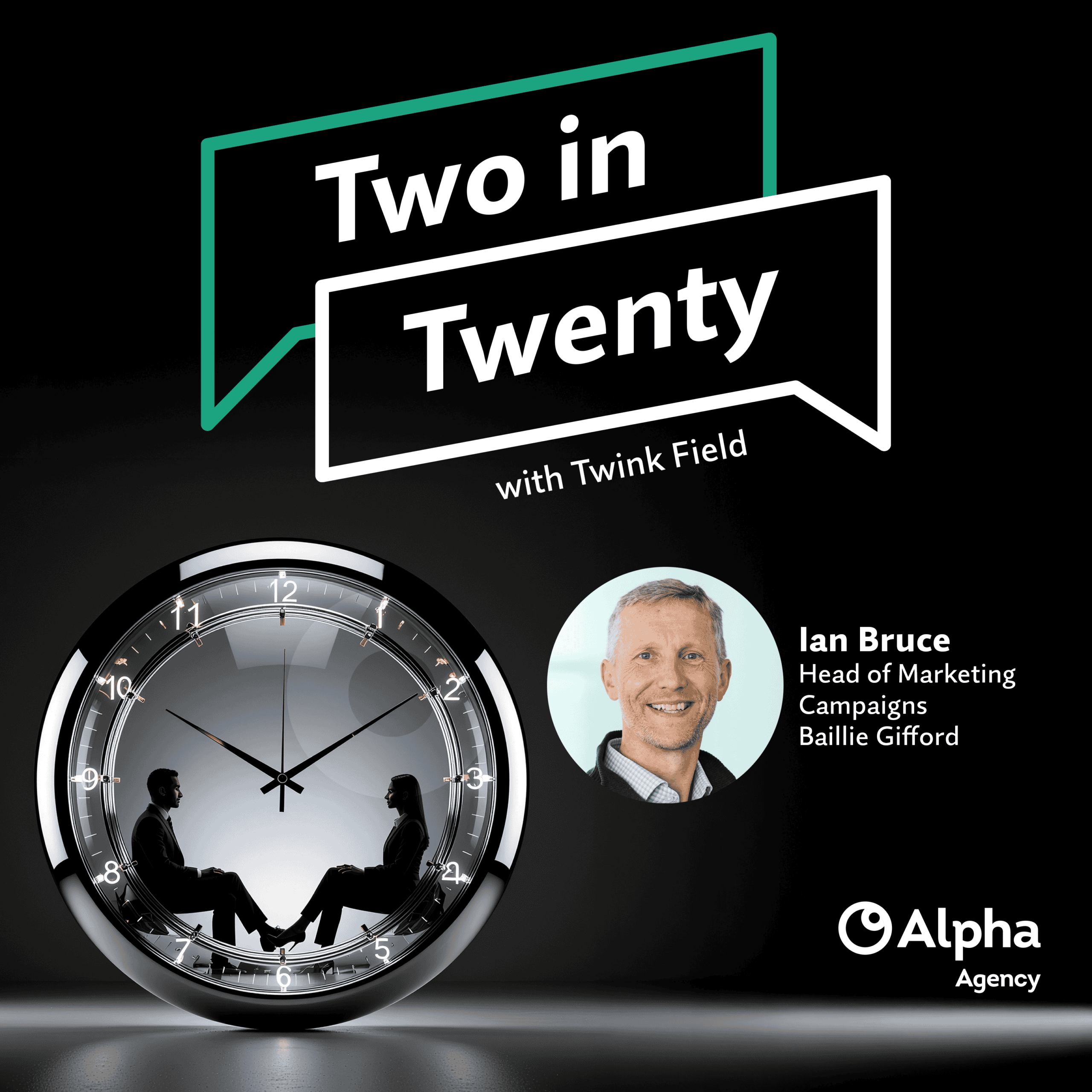 Promotional graphic for 'Two in Twenty with Twink Field' podcast. Features a clock with two silhouetted people inside, a headshot of Ian Bruce, and the Alpha Agency logo.
