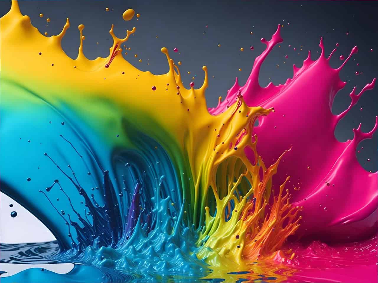 A dynamic splash of blue, yellow, orange, and hot pink paint against a dark gray background, showing intricate liquid forms and droplets.