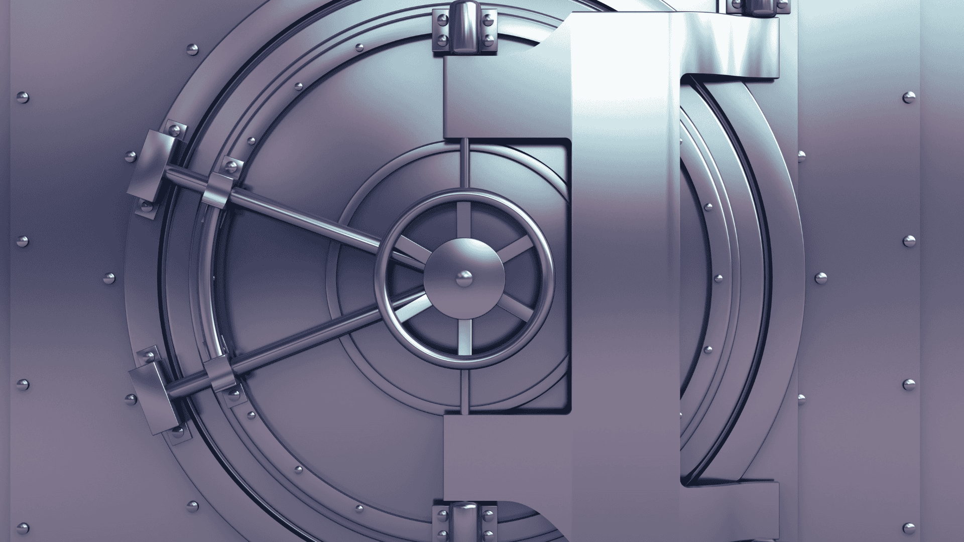 A large, metallic bank vault door with a central spoked wheel, radial locking bars, and riveted concentric rings.