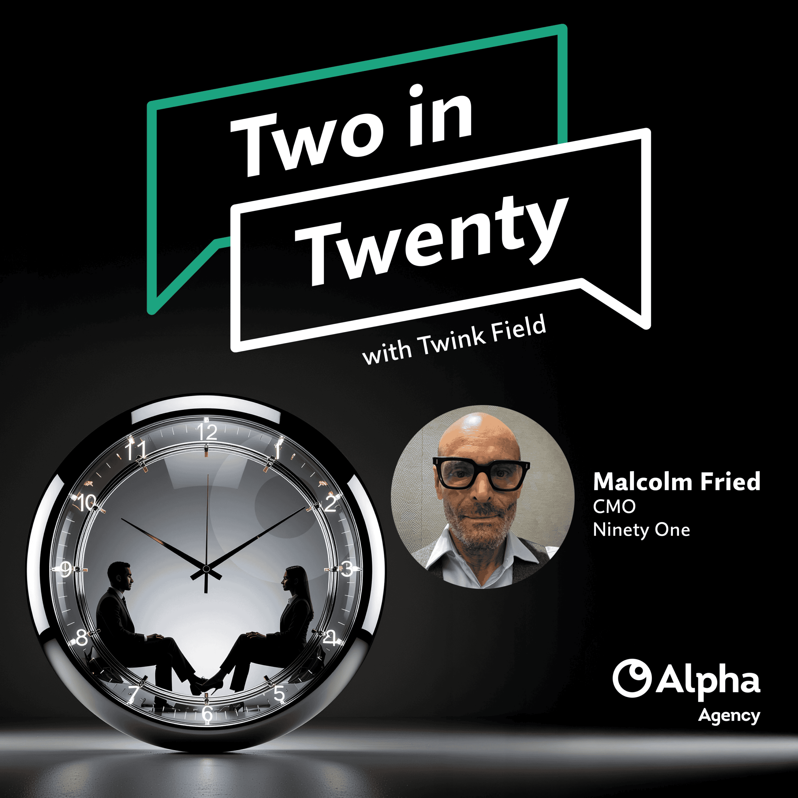 Promotional image for 'Two in Twenty' podcast. Features text 'Two in Twenty with Twink Field', a clock with silhouetted figures, and a headshot of Malcolm Fried, CMO of Ninety One. Alpha Agency logo is also present.