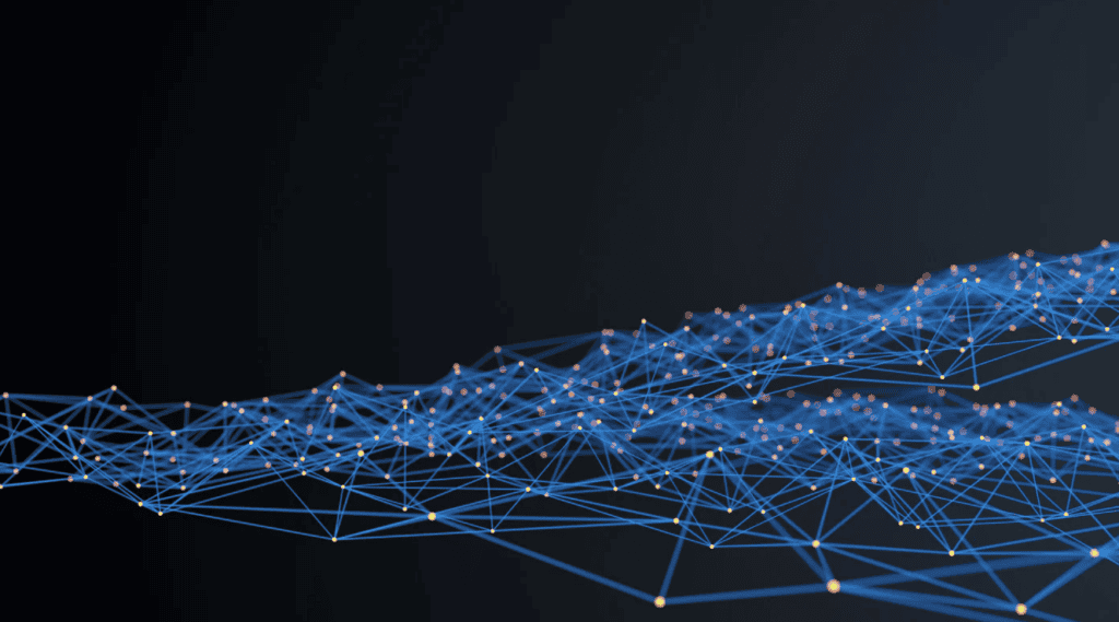 Abstract network of glowing blue lines connecting yellow-orange dots on a dark background.