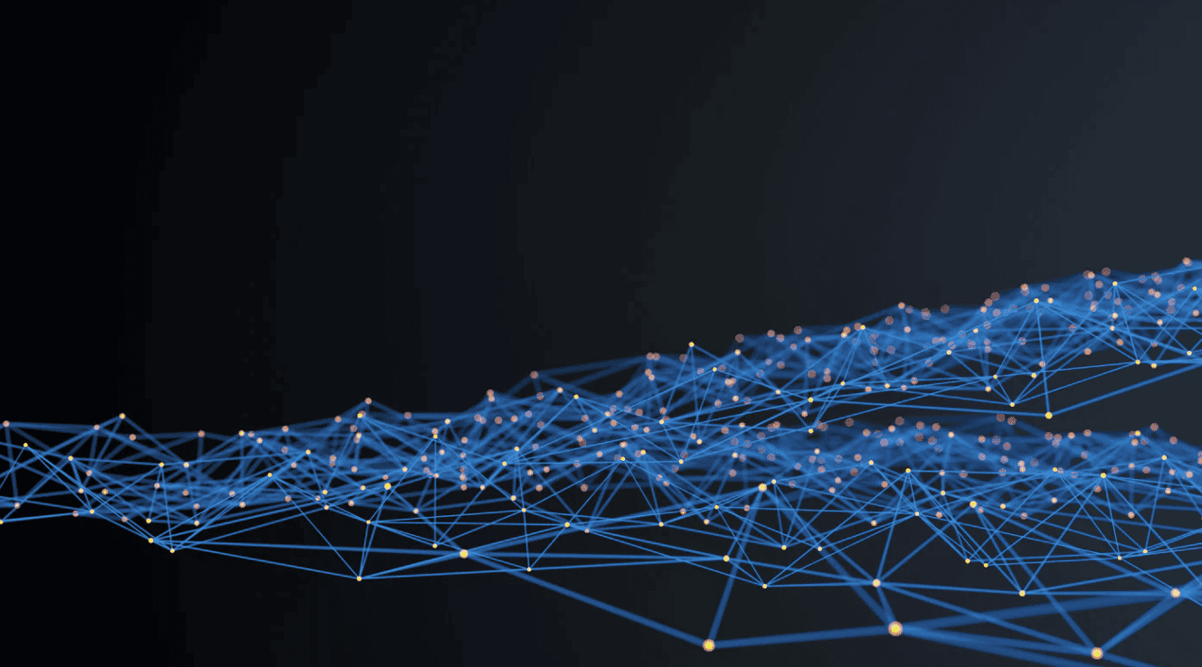 Abstract network of glowing blue lines connecting yellow-orange dots on a dark background.