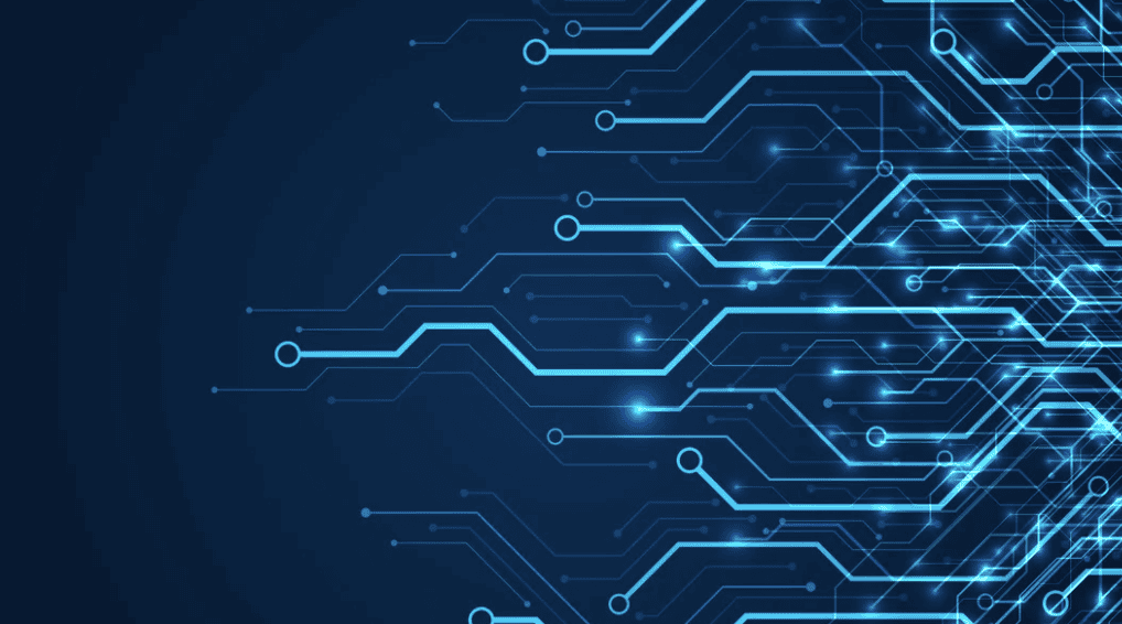A digital illustration of a circuit board pattern with glowing blue lines and dots on a dark blue background, representing technology and connectivity.