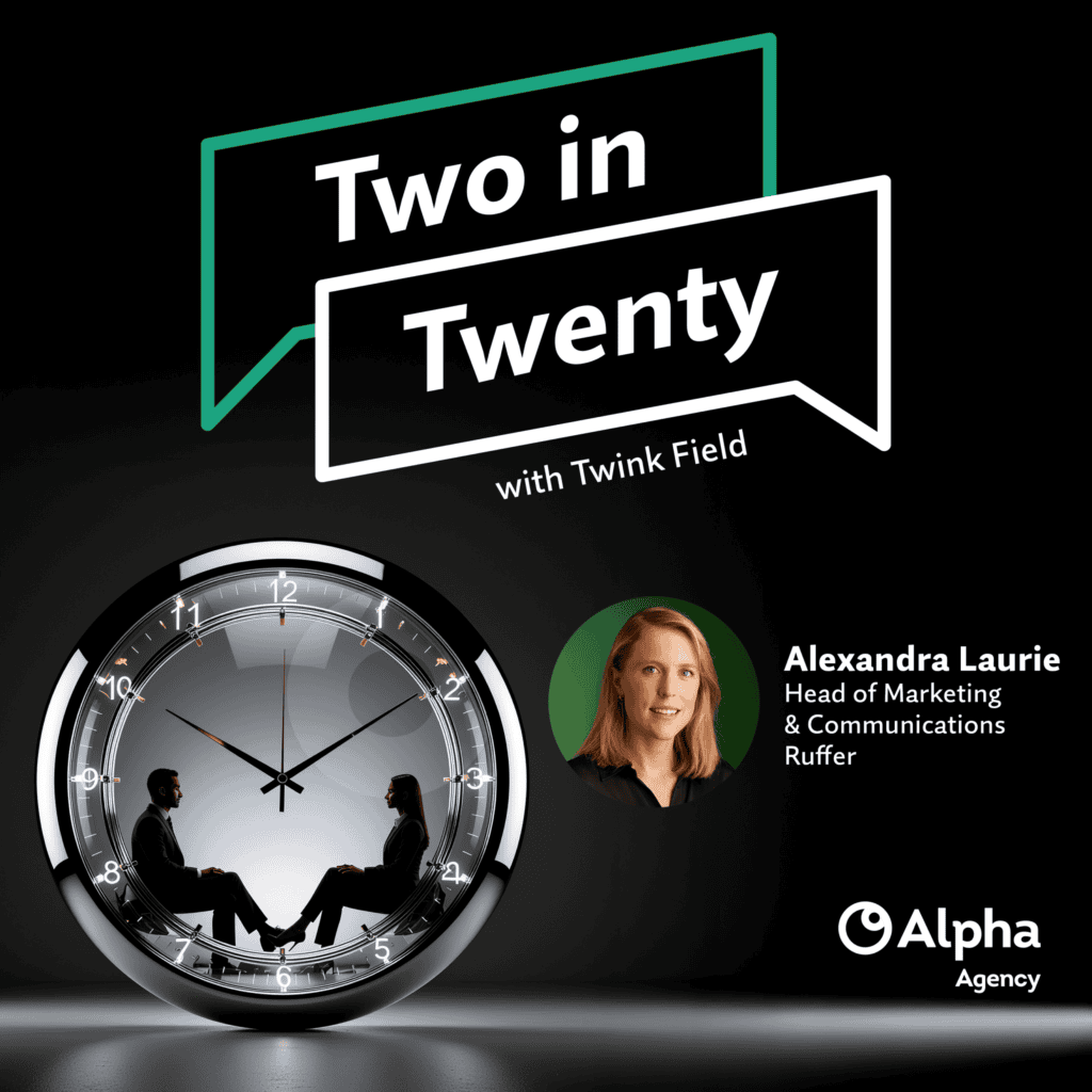 Promotional image for 'Two in Twenty with Twink Field' featuring Alexandra Laurie. Shows a clock with two silhouetted people inside, and a headshot of Alexandra Laurie.