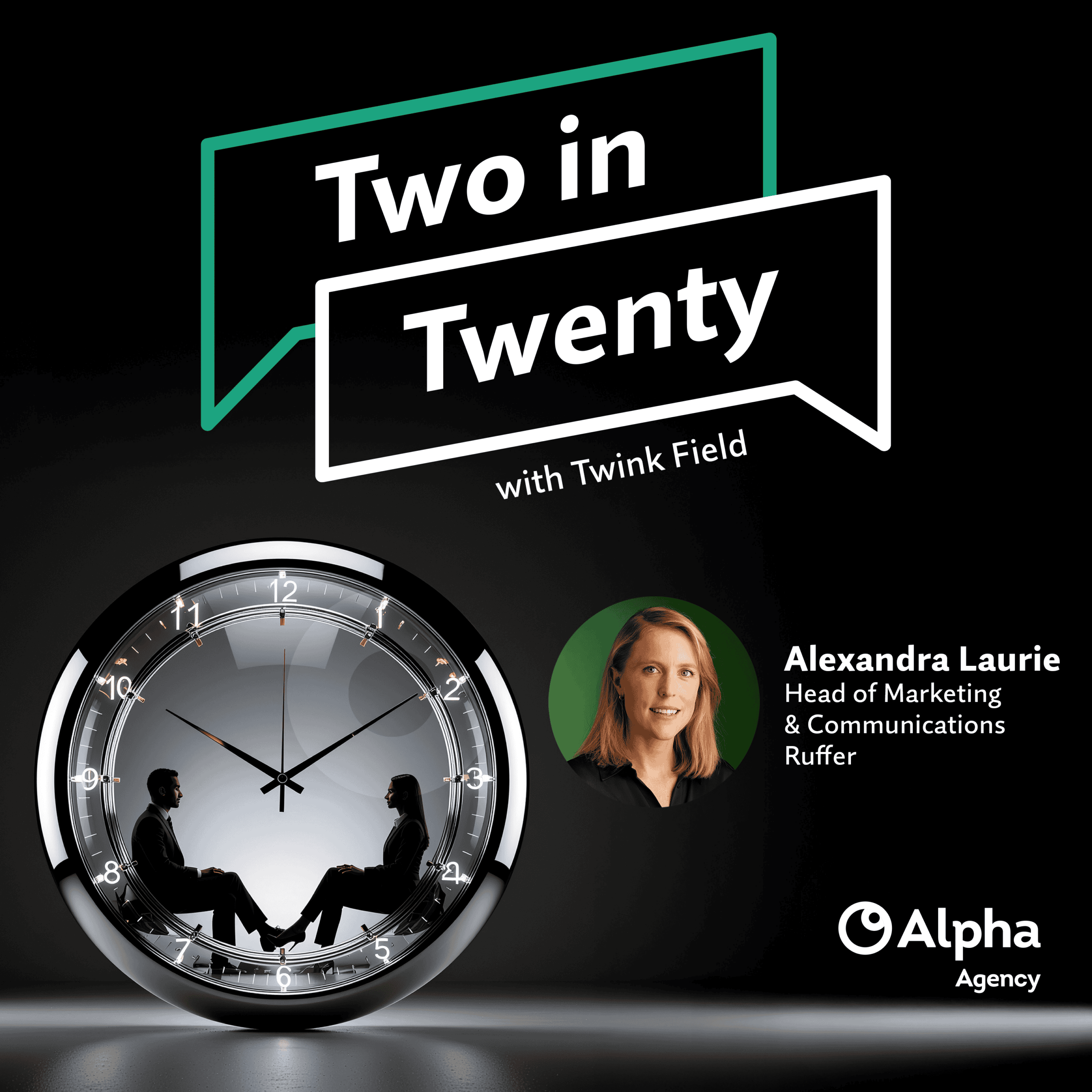 Promotional image for 'Two in Twenty with Twink Field' featuring Alexandra Laurie. Shows a clock with two silhouetted people inside, and a headshot of Alexandra Laurie.
