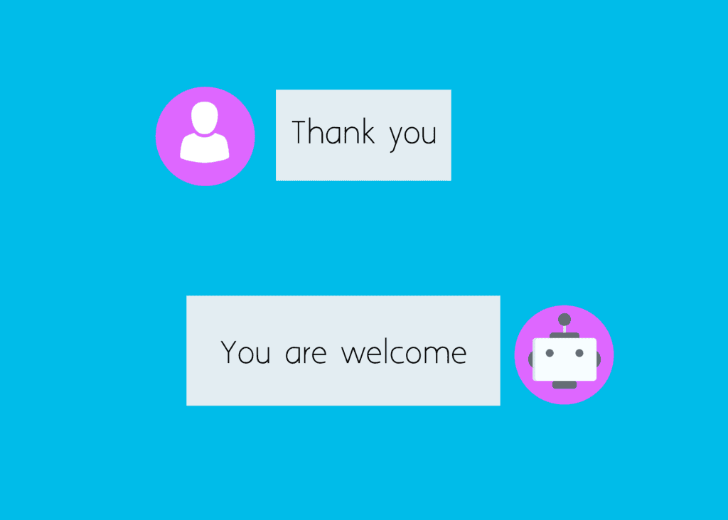 An illustration showing a human icon saying 'Thank you' and a robot icon replying 'You are welcome' on a blue background.
