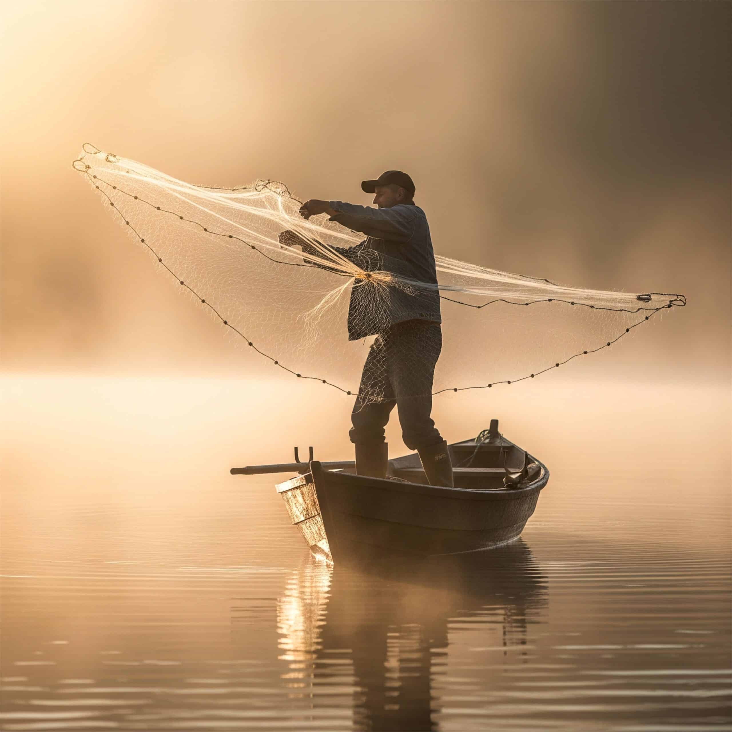 A fisherman in a boat casts a large net into misty, golden-lit water.