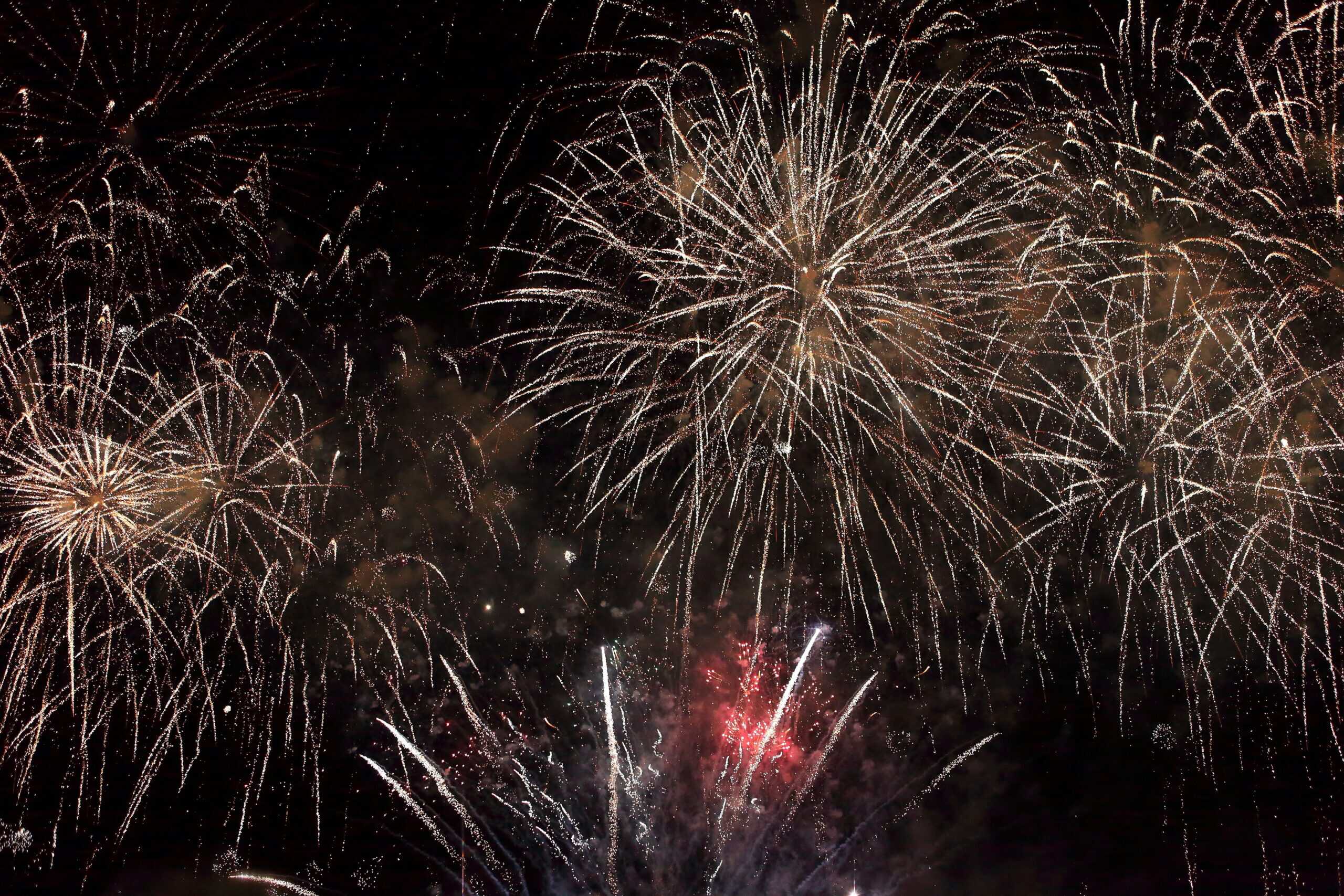Fireworks explode in the dark night sky, featuring white, gold, and red bursts of light.