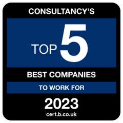 A black and blue badge with white text reading "Consultancy's Top 5 Best Companies to Work For 2023" and "cert.b.co.uk".