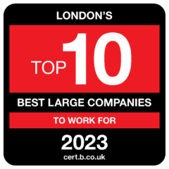 A black, red, and white badge indicating 'London's Top 10 Best Large Companies To Work For 2023'.