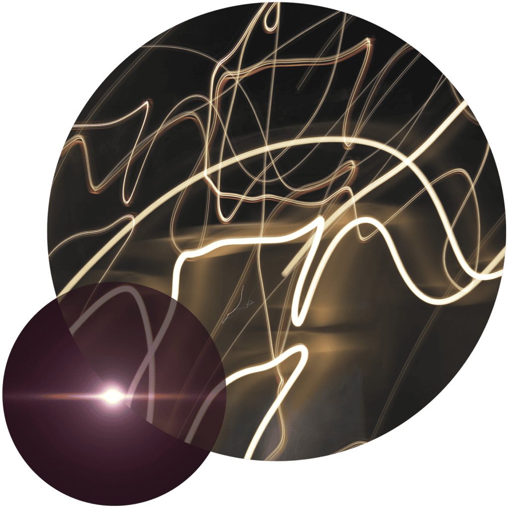 Abstract image with two overlapping circles. The top circle shows wavy, glowing light trails on a dark background. The bottom circle is dark reddish-purple with a bright white light and red lens flare.
