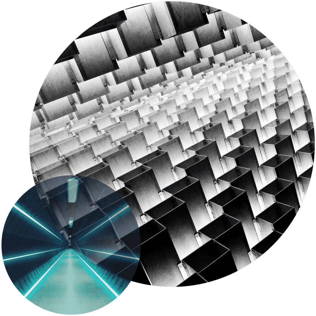 Two overlapping circles on a black background. The large circle shows a black and white abstract pattern of repeating rectangular structures. The small circle shows a futuristic tunnel with glowing turquoise lines.