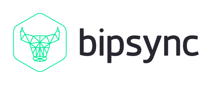 Bipsync logo with a green geometric bull's head inside a hexagon and the word "bipsync" in dark gray.