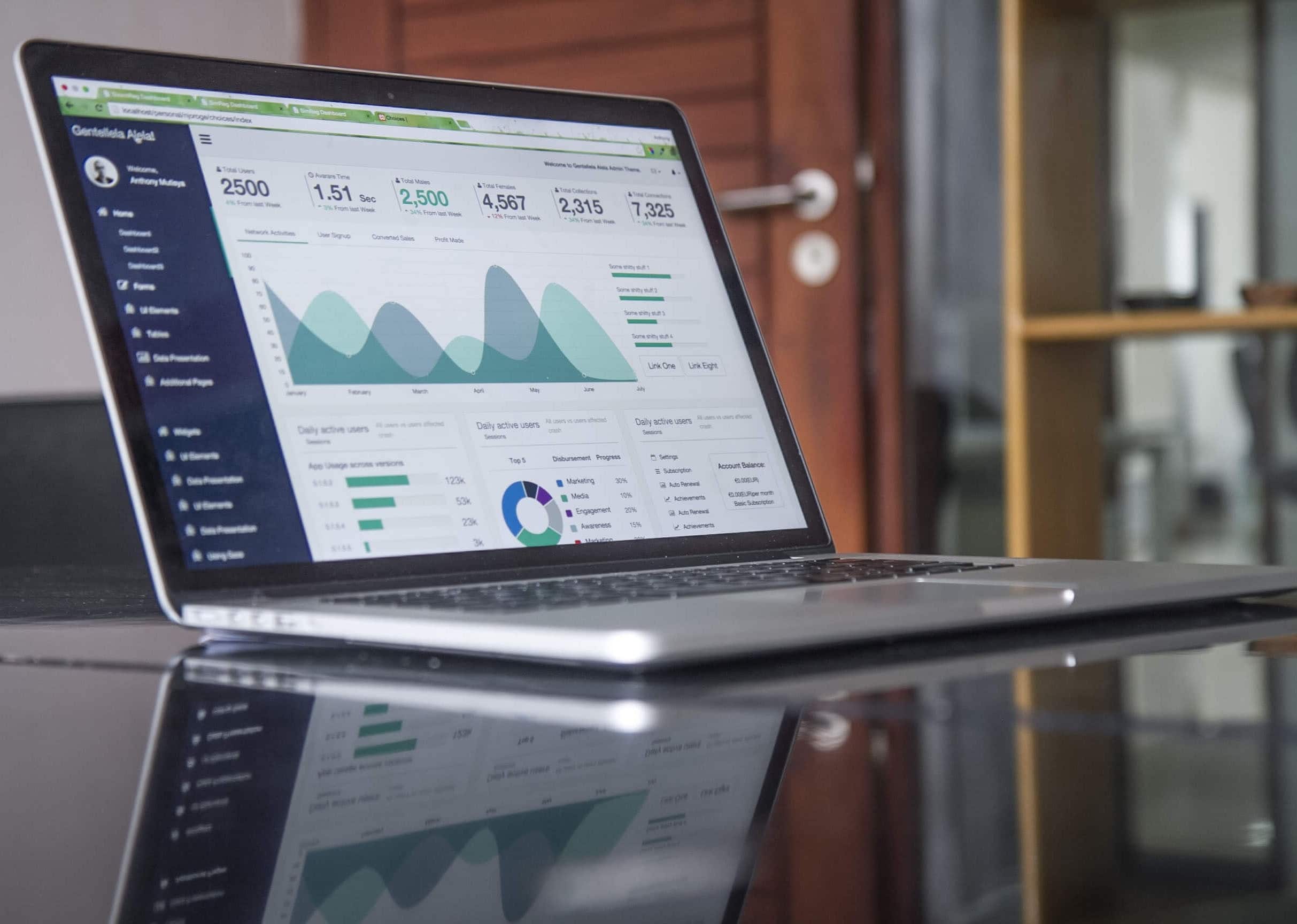A silver laptop displaying a data analytics dashboard with various charts, graphs, and numerical metrics, reflecting on a dark, glossy table.