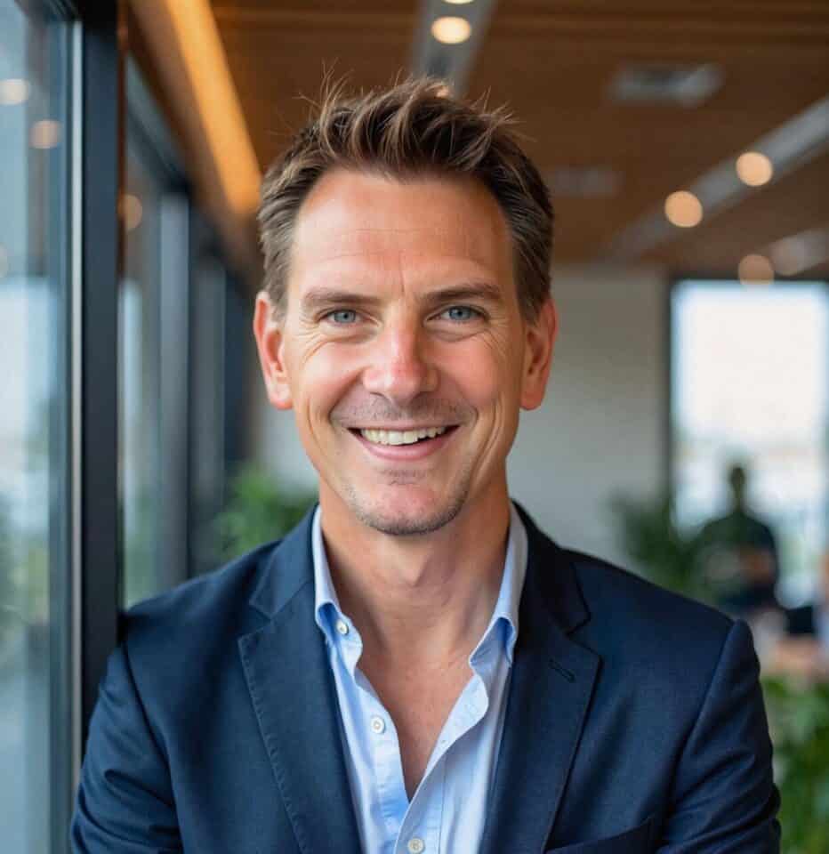 Headshot of a smiling man with blue eyes and light brown hair, wearing a dark blue blazer and light blue shirt, in a modern office setting.
