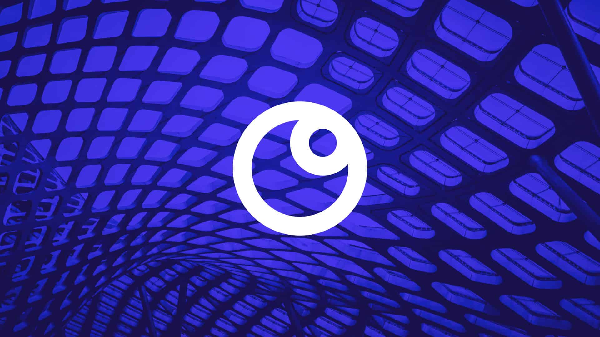A white circular logo with a smaller inner circle, centered on a dark blue background featuring a grid-like architectural pattern with rounded rectangular openings.
