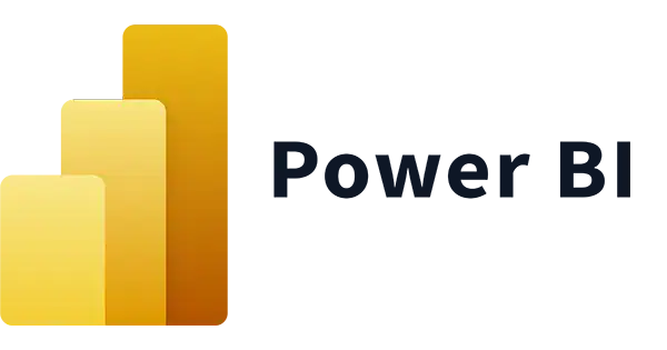 Power BI logo with three yellow and gold vertical bars of increasing height, next to the text "Power BI", all on a black background.