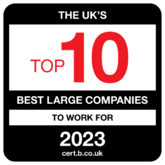A badge recognizing "The UK's Top 10 Best Large Companies to Work For 2023".