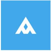 White abstract geometric logo on a light blue background.