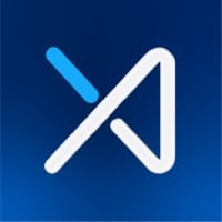 Abstract logo with a light blue angled line and a white open angular shape on a blue gradient background.