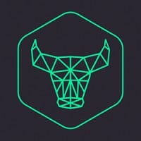 Geometric bull head logo in bright green lines within a green hexagon on a dark background.