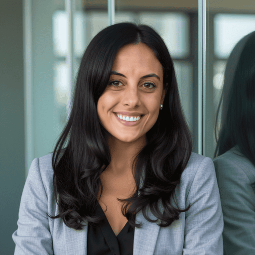 Headshot of a smiling young woman with dark hair, wearing a grey blazer, against a blurred glass building background.