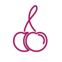 Outline illustration of two cherries with a stem.