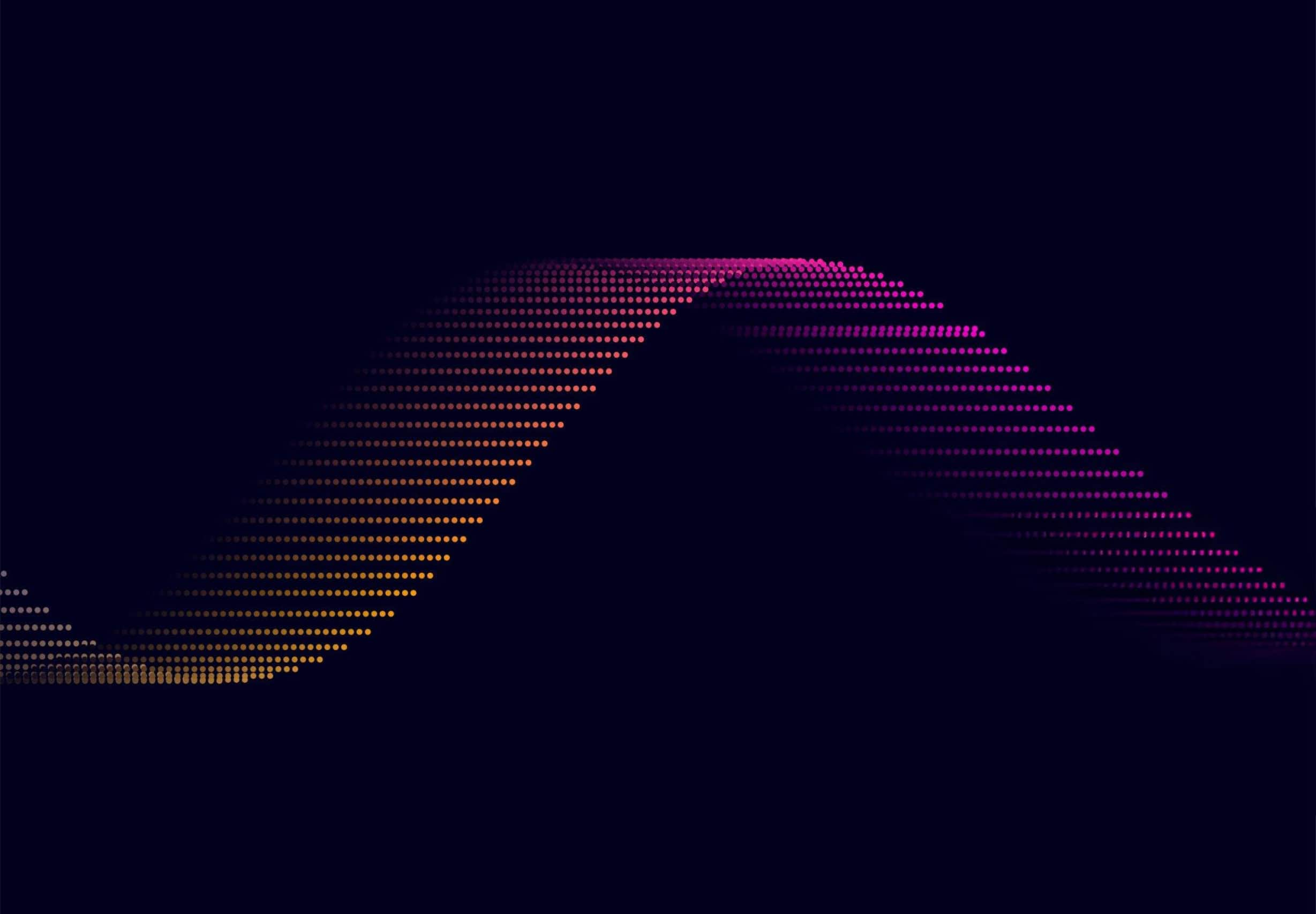 Abstract image of a wave-like pattern formed by small, glowing dots. The dots transition in color from orange on the left to pink on the right, set against a dark background.