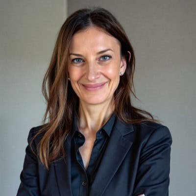 Headshot of a smiling woman with brown hair and blue eyes, wearing a black blazer.