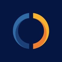 Blue and orange split circle logo on a dark blue background.