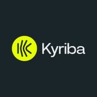 Kyriba logo with a yellow-green circular emblem containing stylized dark lines, next to the word Kyriba in white text on a dark gray background.