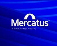 Mercatus logo on a blue background. The white text 'Mercatus' is above 'A State Street Company', with a white arch symbol above the 'e' in Mercatus.